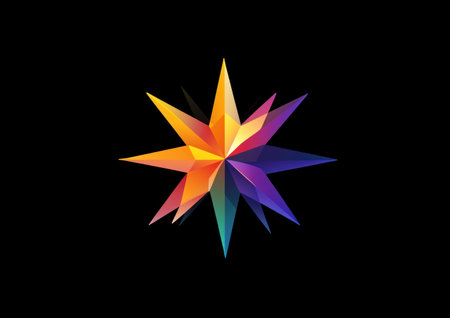 Abstract, colorful 3D logo, vector design, on a black background, with sharp edges. The geometric shape is an explosion with a bright glow and colorful gradients, in the center of which is a stylized, star-shaped contour. The style is minimalist, flat, and 2D, with simple shapes, no shadows, and a combination of dark and vibrant colors. The image has high resolution, high detail, and high contrast, created with studio lighting and Octane rendering for a close-up view. --ar 7:5 --v 6.1 Job ID: ae4b48c3-a89a-4f16-a61e-eccc693563e6の素材