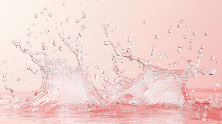 A close-up of water splashing on the surface, creating an abstract pattern with droplets and ripples against a soft peach-colored background. The focus is sharp on the details of each splash or drop, with the rest of the scene blurred to emphasize depth in light pastel tones. A feeling of freshness and tranquility, perfect for skin care product advertising in the style of Claude Monet. --chaos 30 --ar 16:9 --v 6.1 Job ID: 958f0917-c702-476e-990d-c269f6cc65dfの素材