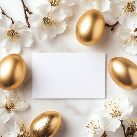 Easter-themed background with a white blank card in the center, golden eggs and flowers around, minimalistic, flat-lay photography style, soft lighting, neutral colors, high resolution, hyper-realistic --v 6.1 Job ID: 48a1c809-96ea-4796-89e3-587546a43a95の素材