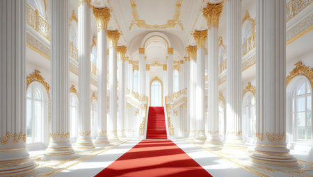 A grand white palace hall with tall, slender columns and intricate golden accents, featuring red-carpeted staircases leading to the upper floors. The scene is bathed in bright sunlight, creating long shadows that accentuate its opulent design. The white walls and high ceilings add an air of luxury, while the gold details bring out the rich texture of each element. --ar 53:30 --v 6.1 Job ID: af912ca2-7bcf-4bc1-85ea-1cb872d85cc6の素材