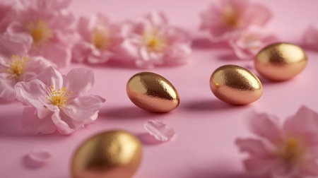 A horizontal Easter banner with delicate pink flowers and golden eggs, creating an elegant background for product display or branding. The composition is clean and minimalistic, featuring soft lighting to highlight the luxurious textures of both elements. This presentation style adds sophistication while showcasing products in a visually appealing manner. --chaos 30 --ar 16:9 --v 6.1 Job ID: 9a1d4535-70f3-4470-9a92-39908b6c56e1の素材