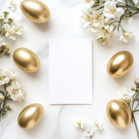 Easter-themed, blank white card mockup surrounded by gold Easter eggs and spring flowers on the right side of the frame, muted colors, flat lay background, high resolution, professional photograph, studio lighting, intricate details, highly detailed. --v 6.1 Job ID: ad9d6d92-16a1-4177-8661-53c0da2aa069の素材
