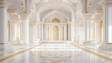 A magnificent white and gold palace with intricate details, adorned with ornate marble floors, tall columns, arched doorways, and luxurious furniture. The scene exudes opulence and grandeur, perfect for creating an elegant interior design concept. Photorealistic rendering in the style of a skilled digital artist. --ar 53:30 --v 6.1 Job ID: 18b84982-c790-4fdb-b0ec-4d0f4ff50f78の素材