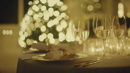 Golden Christmas table setting with decorations and wine glasses. Golden Christmas decoration on the dinner plate, with bokeh lights in the background. Elegant white tablecloth with a golden Christmas tree ornament and ribbon bow for a new year celebration or wedding party. Copy space. High-quality photo. --chaos 30 --ar 16:9 --v 6.1 Job ID: adf586ac-9edd-4f08-9926-ad3e7d9c64a5の素材
