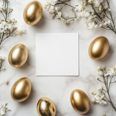 Easter-themed, blank white card mockup surrounded by gold Easter eggs and spring flowers on the right side of the frame, muted colors, flat lay background, high resolution, professional photograph, studio lighting, intricate details, highly detailed. --v 6.1 Job ID: ad9d6d92-16a1-4177-8661-53c0da2aa069の素材