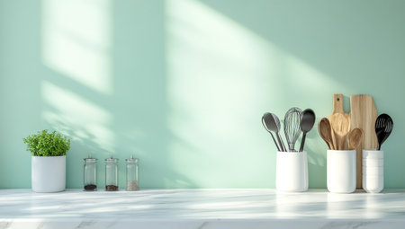 Mint green kitchen wall with a minimalist interior design and cooking utensils on a white marble countertop. Minimalist home decor, with copy space for a banner or mockup. --ar 53:30 --v 6.1 Job ID: d74e7fb6-6054-415b-b51f-89c140b8f4dbの素材