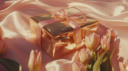 Luxurious gold gift box with a pink ribbon and a bouquet of tulips on a pastel background, a top-view banner mockup for a Mother's Day celebration --chaos 30 --ar 16:9 --v 6.1 Job ID: 6e8a7204-2bdb-4e53-a086-2e8d197dc0dfの素材