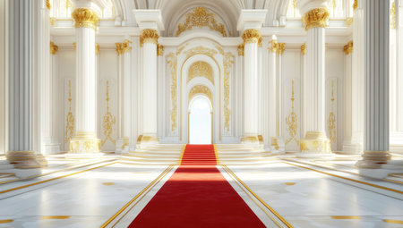 A grand, white palace hall with golden decorations, a red carpet on the stairs leading to an open door at one end of it. The white walls and columns are decorated in gold, with bright light streaming in from above. The symmetrical composition exudes a sense of grandeur, reminiscent of a fantasy world in the style of anime. --ar 53:30 --v 6.1 Job ID: 7b6db8ce-9ba2-4c40-aa14-4b935ed229dbの素材