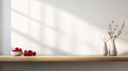 Minimalist kitchen interior with an empty white wall mockup and a wooden countertop decorated for Christmas. --chaos 30 --ar 16:9 --v 6.1 Job ID: fcd32602-fa11-4ca9-a160-bed01823a377の素材
