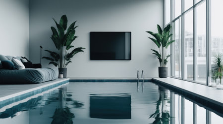 A minimalist swimming pool in the backyard of an urban house, with large windows overlooking a minimalist living room. The pool reflects the interior design style and features subtle green accents for tranquility. Photographed using a Canon EOS R5 mirrorless camera with a 24mm f/8 lens. --chaos 30 --ar 16:9 --v 6.1 Job ID: 92cf4e5d-c022-4ba6-8da7-88c039702e43の素材