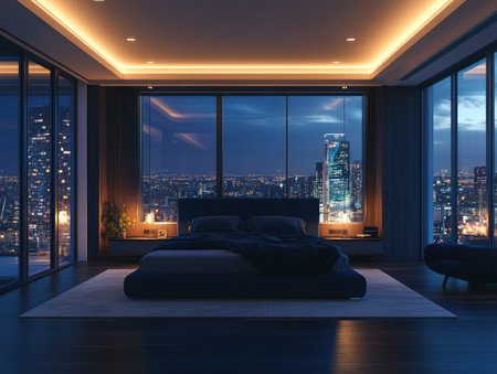 High-end hotel room, master bedroom, modern style, night scene, floor-to-ceiling windows, wooden floors, white ceiling with soft lighting, dark blue sofa and coffee table, bed in the center of an empty space. The overall color scheme is mainly warm tones, creating a comfortable atmosphere. Use wide-angle lenses to highlight details and textures, presenting a realistic photographic effect. High resolution, bright indoor lighting, conveying luxury and comfort. --ar 4:3 --v 6.1 Job ID: b9da5a1c-b0b6-4647-9bed-ee25a30a7083の素材