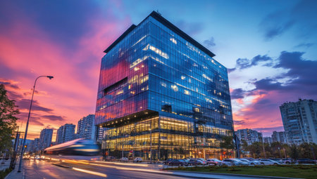 Modern office building exterior with a glass facade and sky reflection, a corporate business concept. The modern architecture of a skyscraper in the city center during sunset. Use a wide-angle lens to capture the entire structure. --ar 53:30 --v 6.1 Job ID: 57b36498-e73e-4150-ba49-a1a8713ef1eaの素材