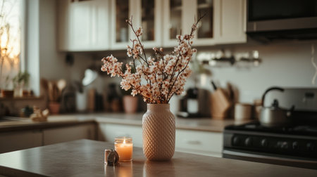 A delicate vase with spring flowers on the kitchen counter, a candle, and some decorative elements in soft beige tones. The background is blurred to highlight the details of the home decor. High-resolution photography. in the style of Unsplash. --chaos 30 --ar 16:9 --v 6.1 Job ID: 99a4ac16-c41c-48c3-924d-a06c08fc6b6dの素材