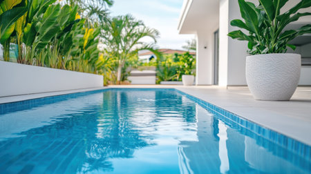 A minimalist pool in the backyard of an urban home, captured with the aesthetic and detail focus of a Canon EOS R5 mirrorless camera, using natural light to highlight its sleek design and tranquil atmosphere. The photo showcases clean lines, neutral tones, and the reflection on the water's surface, creating a serene scene for modern living. --chaos 30 --ar 16:9 --v 6.1 Job ID: 4cb03293-f0a0-4723-ae03-7f9cb3eb1532の素材