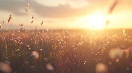A field of soft, fluffy grasses sways gently in the breeze, with sunlight filtering through them, creating a dreamy and ethereal atmosphere. The focus is on close-up shots of individual blades of wildflowers, such as foxtails or fur elements. Warm tones of pink, orange, and yellow create an inviting background for design use. --chaos 30 --ar 16:9 --v 6.1 Job ID: 33e6b6ab-bb1d-4021-9ed9-b8ea961bdad1の素材