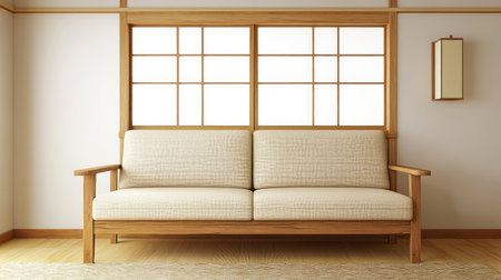 Minimalist Scandinavian living room with a beige sofa, white walls, and a wooden floor, bright window light, soft lighting from a lamp, a carpet on the ground, and modern furniture and decor. The focus is on creating an inviting atmosphere in a spacious home interior design --chaos 30 --ar 16:9 --v 6.1 Job ID: 78668f0c-fce5-465a-b43b-cf071dc9bc62の素材