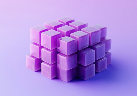 Isometric cube made of smaller cubes, violet background, blue gradient, 3D render, Cinema 4D, Blender, Octane rendering, high-resolution photography, hyper-realistic, ultra-detailed, volumetric lighting, cinematic lighting, color grading. --ar 27:19 --v 6.1 Job ID: e2fb373e-4dc2-462a-8daa-f72b24e31a60の素材