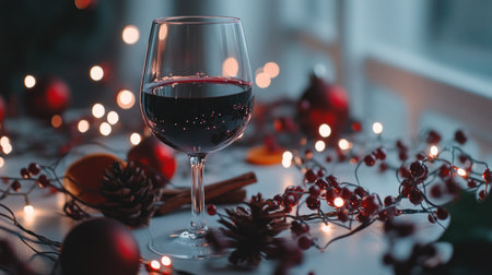 I feel like I'm in the cultural industry subsection, with a glass of mulled wine on the table and Christmas decorations and lights in the background. There are red vines, cinnamon sticks, orange slices, and decorative elements around the glasses. The glimmering lights are creating a bokeh effect. --chaos 30 --ar 16:9 --v 6.1 Job ID: 24c06f0e-675f-4255-8007-ebcce38ba3b9の素材