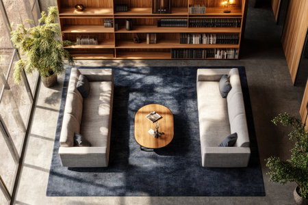 Aerial view of an office lounge with two gray sofas and a coffee table in the center, a navy blue carpet on a concrete floor, wooden bookshelves on the back wall, and natural light. Photorealistic, cinematic. --ar 3:2 --v 6.1 Job ID: fa1105cf-f9ce-41fc-b1db-8666c3307fa7の素材