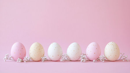 Easter background with either pink or gold Easter eggs and delicate flowers on the bottom, copy space for text, banner design, bright light color background, minimalistic style, soft lighting, high-resolution photography, high detail, high quality, high sharpness, high contrast, high perspective. --chaos 30 --ar 16:9 --v 6.1 Job ID: 2bd269cb-4cb6-4e9d-b9b0-35e5f06bcc5fの素材