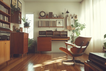 A photo of an apartment interior with wooden floors, white walls, and a grey ceiling. The room is decorated in a mid-century modern style, featuring vintage furniture such as a chair made from wood or fabric, shelves filled with vinyl records, and plants on the floor. A desk stands against one wall with chairs around it. On another side, there's a small cabinet holding hanging on hangers. Sunlight streams through large windows, creating soft shadows over the scene. --ar 3:2 --v 6.1 Job ID: d56e11c1-65ac-40eb-af58-35086779d5ebの素材