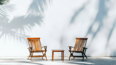 A minimalist and modern outdoor setting with two wooden chairs, a small table between them, placed near the edge of an indoor pool. The background is white walls with minimal palm tree shadows on them. There is no direct sunlight, creating a soft lighting. --chaos 30 --ar 16:9 --v 6.1 Job ID: 63b32dd3-57e7-45da-bc8c-f5689e680d50の素材