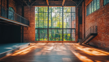 A large open space with a wooden floor, high ceilings, and big windows overlooking the garden. An industrial-style house with brick walls, concrete floors, red bricks, and steel beams. The sun shines through the glass panels, creating beautiful light effects on the ground. A staircase leading to the second level is visible in one corner of the room. There's an empty stage on the front left side of the picture. Realistic photography style. --ar 53:30 --v 6.1 Job ID: 05d3799b-ae38-4eae-9587-ba0448bcb665の素材