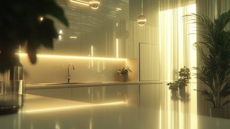 Minimalist white kitchen with plants and hanging pendant lights. The countertop is clean, and there's space for cooking utensils on the left side of it. There are also potted plants placed along one wall near the window, adding life to an overall monochromatic interior design. --chaos 30 --ar 16:9 --v 6.1 Job ID: e8dd70ac-b225-4c70-a73c-a7671aa1f9e9の素材