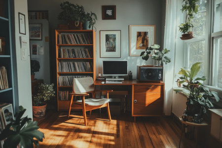 A photo of an apartment interior with wooden floors, white walls, and a grey ceiling. The room is decorated in a mid-century modern style, featuring vintage furniture such as a chair made from wood or fabric, shelves filled with vinyl records, and plants on the floor. A desk stands against one wall with chairs around it. On another side, there's a small cabinet holding hanging on hangers. Sunlight streams through large windows, creating soft shadows over the scene. --ar 3:2 --v 6.1 Job ID: d56e11c1-65ac-40eb-af58-35086779d5ebの素材
