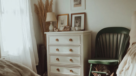 A white chest of drawers in the bedroom, with a green chair and a beige bed next to it. The wall is white, and there are some pictures on top of one drawer. There was also a lamp on top of the furniture. On the floor, there were shoes. It has an aesthetic style. The light colors of pink, orange, and yellow create a warm atmosphere. There are no other objects or items in the picture. It looks like a real photograph. Canon camera. --chaos 30 --ar 16:9 --v 6.1 Job ID: 4254ed49-b676-41ce-ae63-964fa1a2e7cbの素材