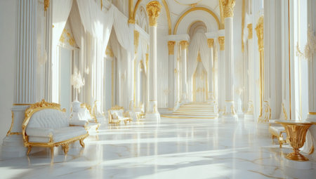 An opulent white and gold palace interior with elegant columns, arches, marble floors, and luxurious furniture. The scene is bathed in soft daylight, creating an atmosphere of grandeur and sophistication. Photorealistic style with attention to detail on the golden accents and intricate architectural elements. --ar 53:30 --v 6.1 Job ID: 0798216e-c88e-4ff7-9876-a4ae6f241ecaの素材