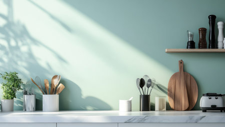 Mint green kitchen wall with white marble countertop and cooking utensils mock-up, space for text, close-up, minimalistic, banner, high resolution, copy space on the right side, high-detailed, hyper-realistic. --ar 53:30 --v 6.1 Job ID: bfafb50b-23c5-41f6-b062-6889baee8689の素材