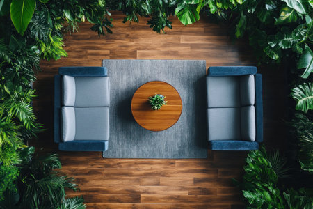 Aerial view of an office with two sofas, a coffee table, and a carpet in the center. The sofas are a gray-blue color, and there is some greenery around them. There should be no people. --ar 3:2 --v 6.1 Job ID: c8dfa55d-88b4-42d4-9097-1858d9307d98の素材