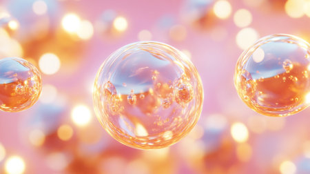 Gleaming golden bubbles floating in the air, a delicate pink background, sparkling and translucent bubbles with soft light effects, creating an elegant atmosphere, captured from a frontal perspective using macro photography technology, presenting a dreamy scene. The bubbles are adorned with intricate details, adding to their overall beauty. --chaos 30 --ar 16:9 --v 6.1 Job ID: d7dc077a-6f7b-4df7-801d-968f109c1990の素材
