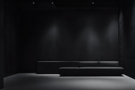Modern interior, black wall with a sofa and sideboard on the right side of the frame, empty space for product placement, minimalist style, dark gray color palette, minimalistic furniture. --ar 3:2 --v 6.1 Job ID: 42efeeb1-bc1c-4513-9015-bc1bc3778bd1の素材