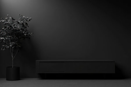 Minimalist black living room interior with sofa and sideboard mockup, dark gray wall background, 3D rendering. --ar 3:2 --v 6.1 Job ID: a0553b7b-2eea-4651-aa77-1f21680d286eの素材
