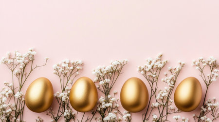 Easter banner with golden eggs and white flowers on a pastel background, e-commerce design mockup, high resolution, high detail, high-quality photography, professional color grading, soft shadows, low contrast, clean sharp focus, focus stacking, digital photography. --chaos 30 --ar 16:9 --v 6.1 Job ID: 708ef112-8b72-4753-84e7-5ee3479a6d51の素材