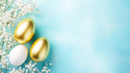 Easter banner with golden eggs and white flowers on a pastel background, space for text, copy space. In the style of Sony Alpha A7 III V5 --chaos 30 --ar 16:9 --v 6.1 Job ID: ff4d7d8a-784c-4119-8a31-36f7f827f029の素材