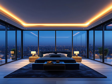 High-end hotel room, master bedroom, modern style, night scene, floor-to-ceiling windows, wooden floors, white ceiling with soft lighting, dark blue sofa and coffee table, bed in the center of an empty space. The overall color scheme is mainly warm tones, creating a comfortable atmosphere. Use wide-angle lenses to highlight details and textures, presenting a realistic photographic effect. High resolution, bright indoor lighting, conveying luxury and comfort. --ar 4:3 --v 6.1 Job ID: b9da5a1c-b0b6-4647-9bed-ee25a30a7083の素材