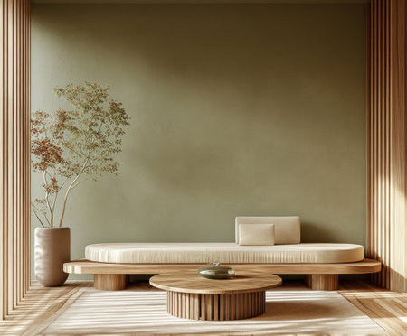 Minimalist living room with olive green walls and light wood accents, showcasing an elegant sofa, round coffee table, wooden floor, and decorative plants. A close-up view of the wall reveals vertical slats for window coverings. The space exudes tranquility through its clean lines and muted color palette. Photorealistic rendering, high resolution. --ar 6:5 --v 6.1 Job ID: 79e70223-2325-4e7b-b88e-14dfaf990707の素材