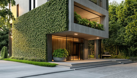 Green living wall on the exterior of a modern apartment building with green plants for energy efficiency and carbon absorption, a creative banner concept about an eco-friendly lifestyle, ecology-focused construction, and urban design. Real photo. --ar 53:30 --v 6.1 Job ID: f7d7ecd8-0946-4ffb-b14a-3935cfdaa449の素材