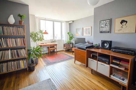 Interior of a modern apartment with a wooden floor, vintage furniture and decor, a rack, vinyl records on the wall, light grey walls, a wooden desk in the corner, plants, and a window. --ar 3:2 --v 6.1 Job ID: 6747f2a3-488a-4657-9099-3681e7fcde61の素材