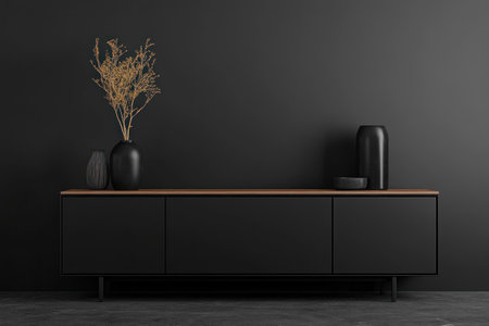 Minimalist black living room interior with sofa and sideboard mockup, dark gray wall background, 3D rendering. --ar 3:2 --v 6.1 Job ID: 5a6707ec-f225-45ef-9749-4396d1c8d51fの素材