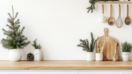 Minimalist white kitchen with wooden countertop and wall mockup, showcasing a cozy Christmas theme. The scene includes various decorations like small greenery in vases, vintage utensils on the countertop, all against an empty blank space for text or design. --chaos 30 --ar 16:9 --v 6.1 Job ID: 8ae83b65-9b6b-42e4-9186-95ab2adad97bの素材