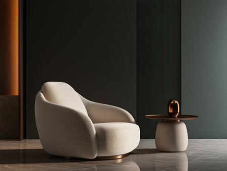 Modern interior design with an armchair and side table against a dark wall background, 3D rendering mock-up template for home decor product presentation, a grey color scheme, a minimalist interior design concept, with copy space. --ar 4:3 --v 6.1 Job ID: 781b37c0-6f9a-4034-88a7-c91d2bdbfca0の素材