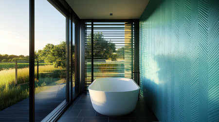 Modern bathroom with a herringbone-patterned wall in blue and green colors, a white bathtub, and a black glass door. Minimalist interior design of a modern home bathroom. --chaos 30 --ar 16:9 --v 6.1 Job ID: e306bdbc-f532-48aa-b700-2f2fee903fc0の素材