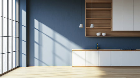 Minimalist kitchen interior with white cabinets, light wood floor, and a dark blue wall background. Realistic 3D rendering of modern home decor for an architectural concept. Mockup copy space, an award-winning detailed shot taken with a Sony Alpha A7 IV camera, high-resolution digital photography with natural lighting --chaos 30 --ar 16:9 --v 6.1 Job ID: e5642927-cc2a-4843-a57b-5e6837a39c21の素材
