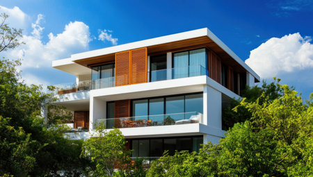 Modern architecture, a three-story villa with large windows and balconies, white walls combined with wooden accents, creating an elegant look against the blue sky background. The building is surrounded by lush greenery, adding to its modern charm. --ar 53:30 --v 6.1 Job ID: 224605bb-e150-494b-85a1-c427ec73391aの素材