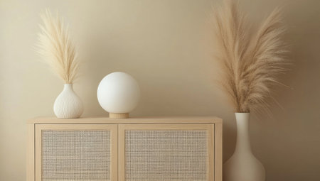 A light wooden sideboard with rattan doors and a white spherical lamp on top, in front of a beige wall. A large vase containing pampas grass is placed next to the cabinet. The cabinet stands against a plain background. In the style of a photo. --ar 53:30 --v 6.1 Job ID: facf48de-2c89-4a51-a193-78bffdc93f8aの素材