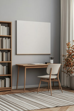 A light gray canvas on the wall above an empty wooden desk with a chair in front of it and bookshelves to one side, a striped rug on the wood floor, in the style of Scandinavian-style interior design. --ar 2:3 --v 6.1 Job ID: 48b547e1-37c9-4fb3-b00d-613712090808の素材